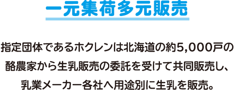 一元集荷多元販売　指定団体であるホクレンは北海道の約5,000 戸の酪農家から生乳販売の委託を受けて共同販売し、乳業メーカー各社へ用途別に生乳を販売。