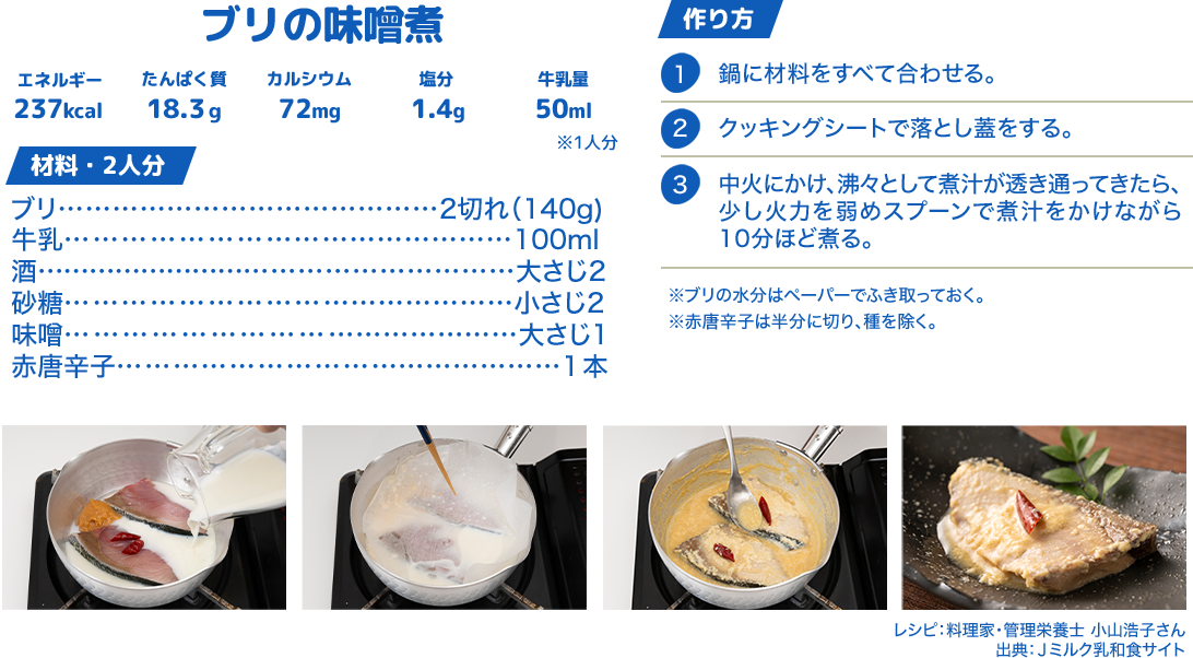 ブリの味噌煮 エネルギー237kcal/たんぱく質18.3ｇ/カルシウム72mg/塩分1.4g/牛乳量50ml ※1人分 材料・2人分 ブリ2切れ（140g)/牛乳100ml/酒大さじ2/砂糖小さじ2/味噌大さじ1/赤唐辛子1本 作り方 1.鍋に材料をすべて合わせる。/2.クッキングシートで落とし蓋をする。/3.中火にかけ、沸々として煮汁が透き通ってきたら、少し火力を弱めスプーンで煮汁をかけながら10分ほど煮る。/※ブリの水分はペーパーでふき取っておく。※赤唐辛子は半分に切り、種を除く。 レシピ：料理家・管理栄養士 小山浩子さん/出典：Ｊミルク乳和食サイト