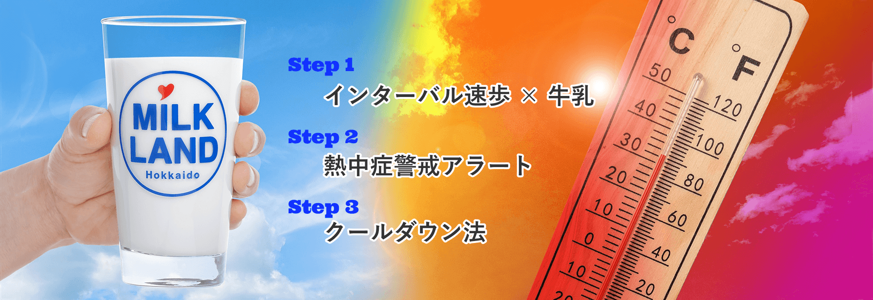Step 1 インターバル速歩 × 牛乳 Step 2 熱中症警戒アラート Step 3 クールダウン法