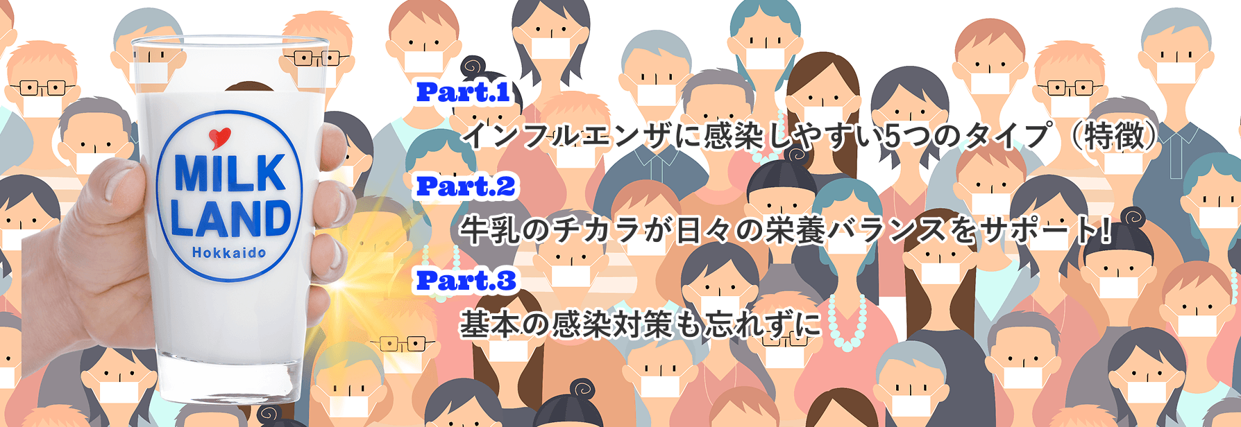 Step 1 インフルエンザに感染しやすい5つのタイプ（特徴） Step 2 牛乳のチカラが日々の栄養バランスをサポート! Step 3 基本の感染対策も忘れずに