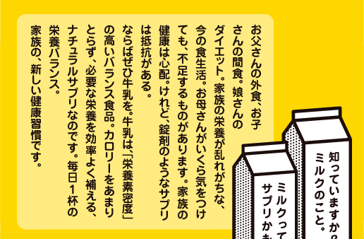 お父さんの外食、お子さんの間食。娘さんのダイエット。家族の栄養が乱れがちな、今の食生活。お母さんがいくら気をつけても、不足するものがあります。家族の健康は心配。けれど、錠剤のようなサプリは抵抗がある。ならばぜひ牛乳を。牛乳は、「栄養素密度」の高いバランス食品。カロリーをあまりとらず、必要な栄養を効率よく補える、ナチュラルサプリなのです。毎日1杯の栄養バランス。家族の、新しい健康習慣です。