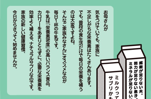 お母さんが気をつけていても、家族に不足しがちな栄養素はたくさんあります。でも、普段の食生活だけで毎日の栄養を補うのは大変ですよね。そんなご家族みなさんにオススメなのが毎日１杯の牛乳です。牛乳は「栄養素密度」の高いバランス食品。カロリーをあまりとらずに、必要な栄養素を効率よく補える、ナチュラルサプリなのです。家族の新しい健康習慣、今日からさっそく始めませんか。 