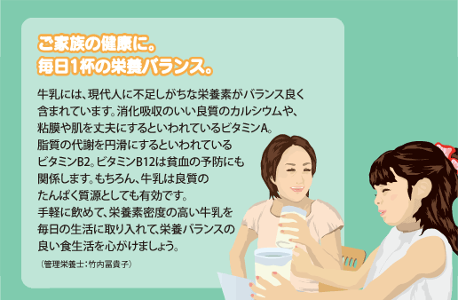 牛乳には、現代人に不足しがちな栄養素がバランス良く含まれています。消化吸収のいい良質のカルシウムや、粘膜や肌を丈夫にするといわれているビタミンA。脂質の代謝を円滑にするといわれているビタミンB2。ビタミンB12は貧血の予防にも関係します。もちろん、牛乳は良質のたんぱく質源としても有効です。手軽に飲めて、栄養素密度の高い牛乳を毎日の生活に取り入れて、栄養バランスの良い食生活を心がけましょう。（管理栄養士：竹内冨貴子）