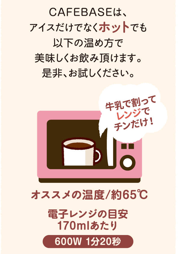 CAFEBASEは、アイスだけでなくホットでも以下の温め方で美味しくお飲み頂けます。是非、お試しください。